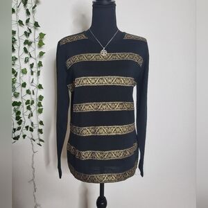 Theo Miles Wool Blend Gold Filigree Stripe Detail Long Sleeve Pulloever Sweater